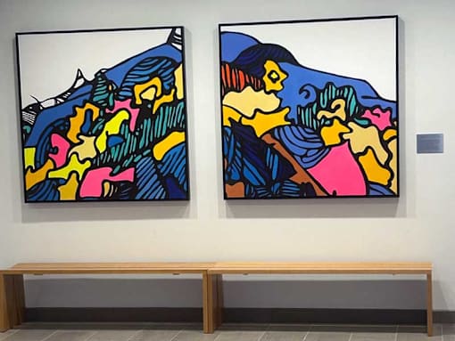 Two paintings of abstract mountain scenes are hung on a wall.