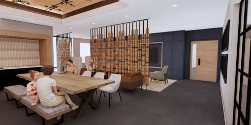 a rendering of a dining room with people sitting at a table