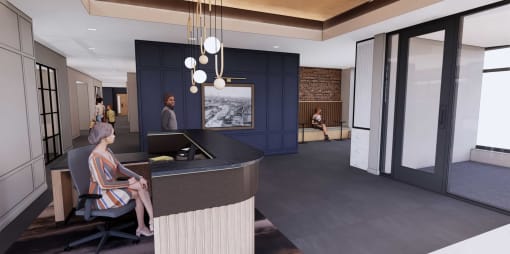 a lobby with a bar and a woman sitting at a desk