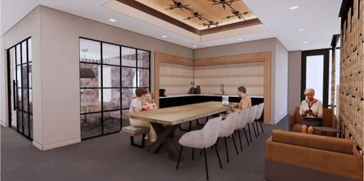 a rendering of a group of people sitting at a table in a conference room