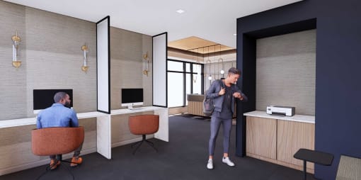 a man standing in a room talking to a man sitting at a desk