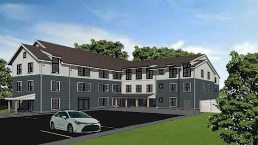 A rendering of a modern building with a car parked in front.