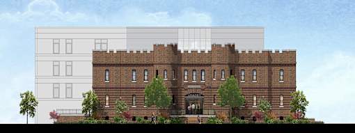 A drawing of a building with a white and brown facade.