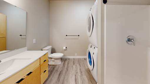 A modern bathroom with a washer and dryer built into the wall.