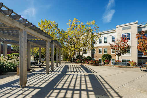 A sunny day at the school with shadows of the wooden structure on the ground.