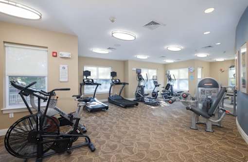 A gym with a variety of exercise equipment including treadmills, stationary bikes, and weight machines.