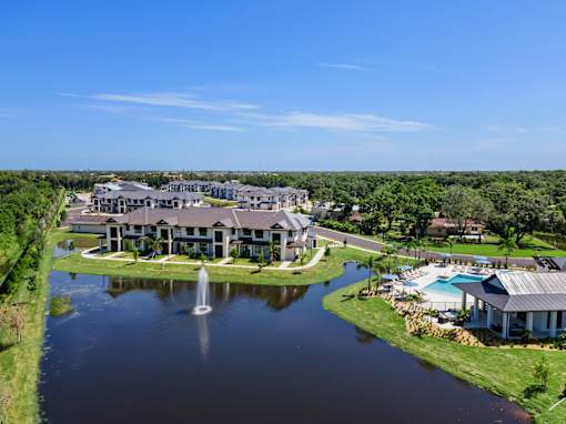 an aerial view of a community with a lake and a fountain