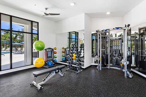the exercise room is equipped with cardio equipment and weights