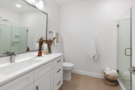 a white bathroom with a large mirror and a toilet