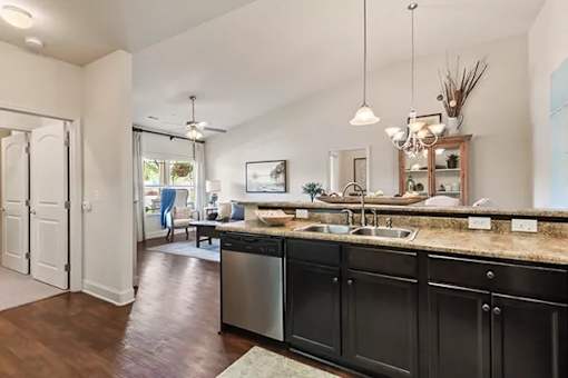 A kitchen with black cabinets and a sink. at The Villas at Nature Walk, Huntsville, 35824