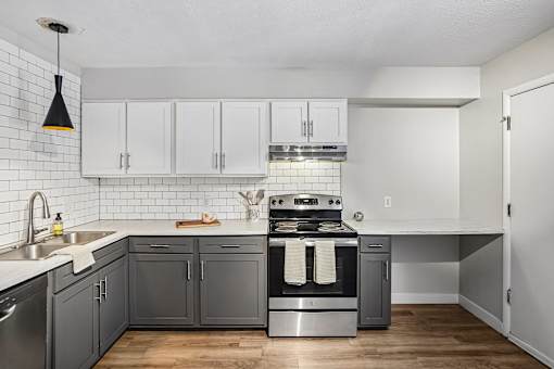 A kitchen with a stove top oven and a dishwasher.