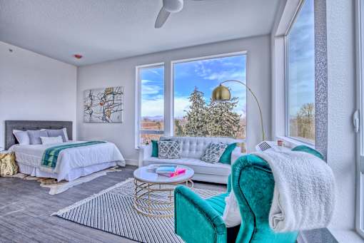 Bedroom Come Living Area at Sloan's Place Apartments, Denver, CO, 80214