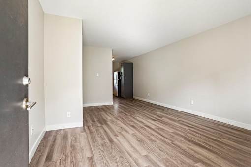 A room with wooden flooring and a white door.
