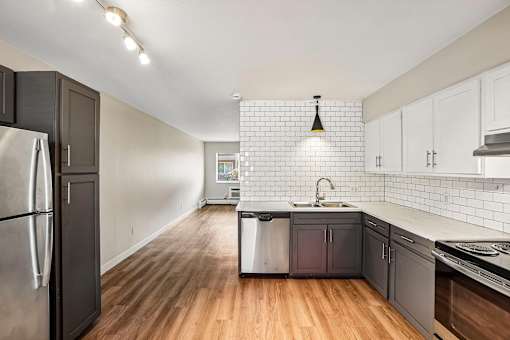 A kitchen with a refrigerator on the left and a sink in the middle.
