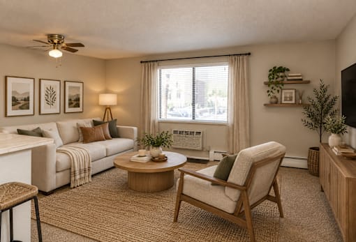 A living room with a sofa, a chair, a coffee table, and a fireplace.