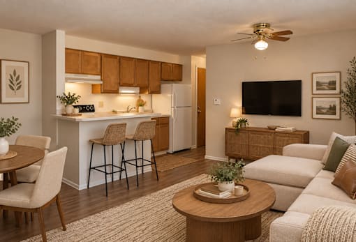A living room with a couch, chairs, and a television.