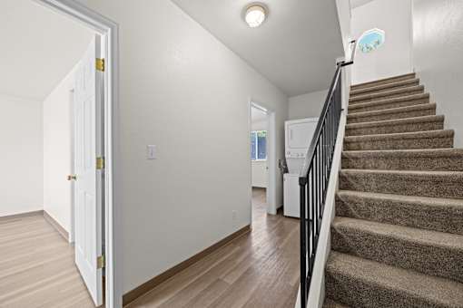 A staircase with a carpeted runner and a black railing.