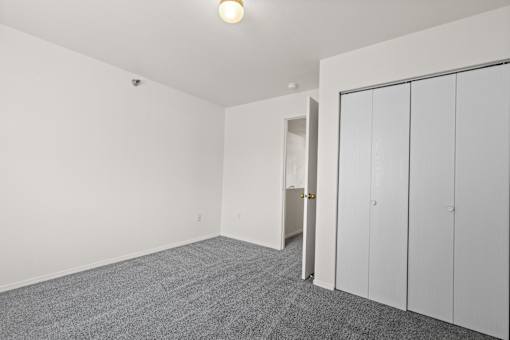 A room with a grey carpet and white walls with a white door and a white cabinet.