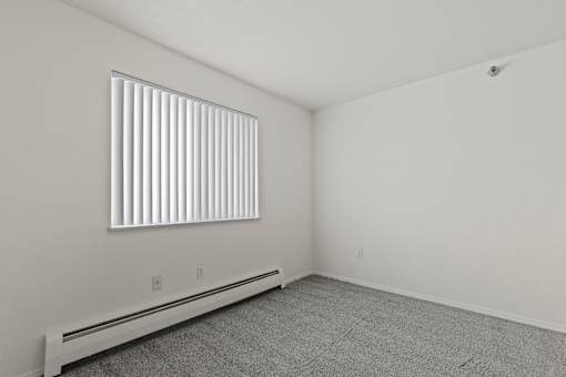 A room with a carpeted floor, a window with blinds, and a white wall.
