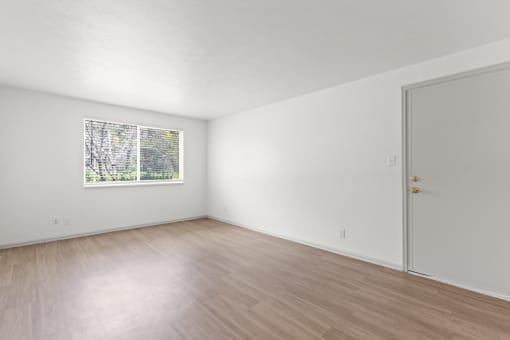 a room with white walls and wooden floors and a projection of different shapes and numbers