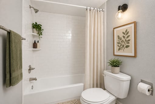 A white toilet sits next to a white bathtub in a bathroom.
