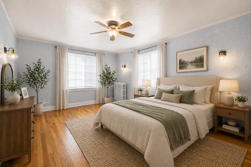 A bedroom with a large bed and a ceiling fan.