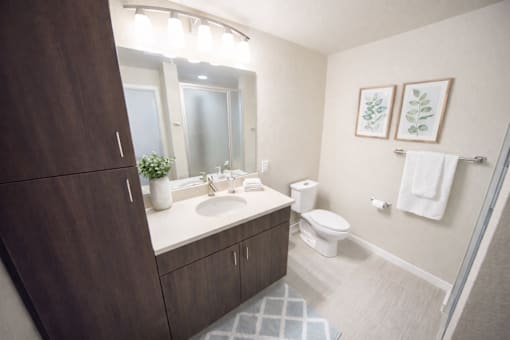 A bathroom with a toilet, sink, and mirror.