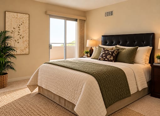 A bedroom with a large bed and a painting on the wall.