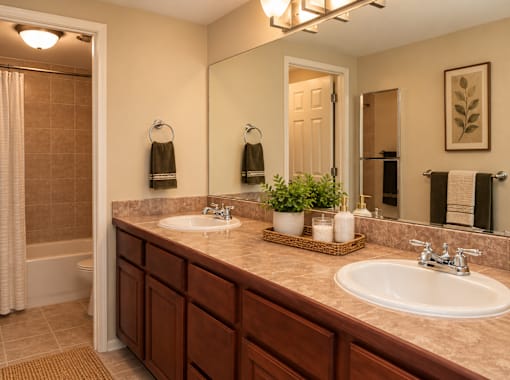 A bathroom with two sinks and a large mirror.