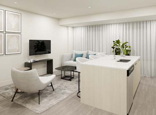 A modern living room with a white chair and a white sofa.