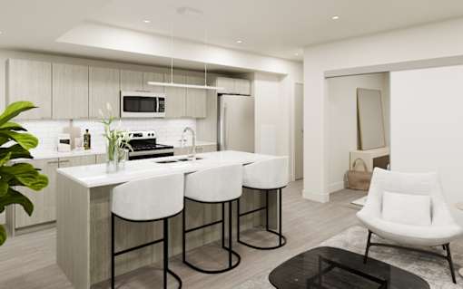 A modern kitchen with white chairs and a bar stool.