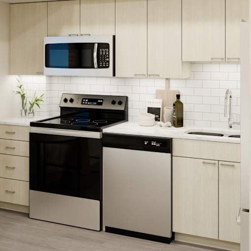 A modern kitchen with a black and white color scheme.