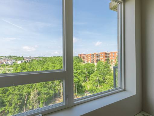 A window with a view of a forest and buildings.