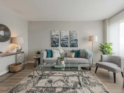A living room with a grey couch, a glass coffee table, and a rug.