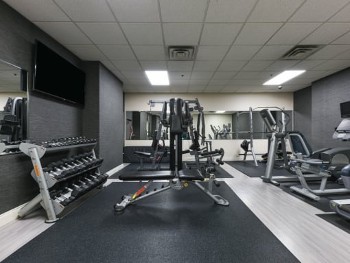 a gym with weights and other exercise equipment in a room with a tv