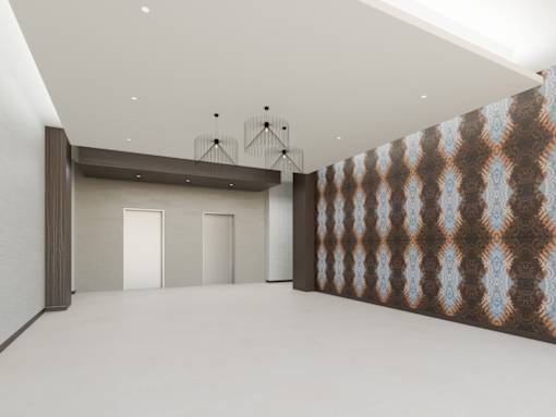A room with a brown and blue patterned wallpaper and a brown carpet.