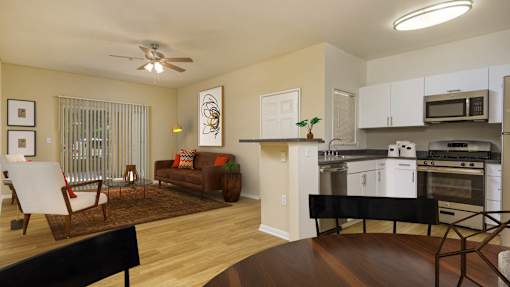 A modern kitchen with a dining area.