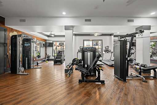 A gym with a variety of equipment including a treadmill, weights, and a bench press.