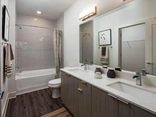 A bathroom with a white toilet, a bathtub with a shower curtain, a sink, a mirror, and a rug on the floor.