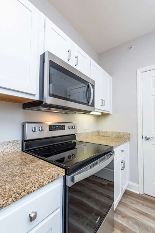 A kitchen with a stove and microwave built into the cabinetry.