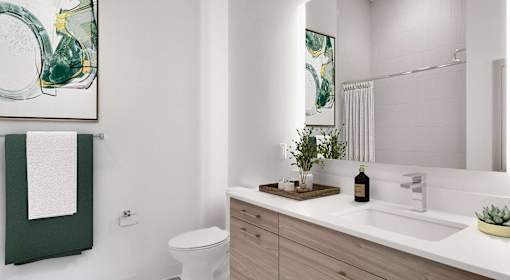 A bathroom with a white sink, a toilet, and a mirror.