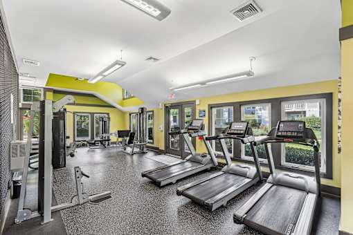 a gym with treadmills and other exercise equipment and windows