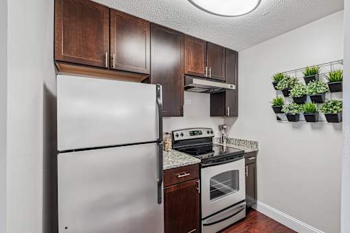 A kitchen with a white refrigerator and a stove top oven.