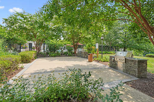 A sunny day at the park with a paved walkway and greenery.