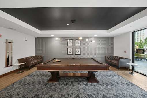 A pool table is in the middle of a room with a brown sofa and a grey rug.