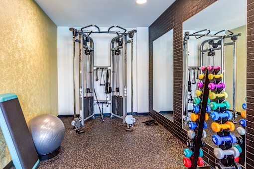 A gym with a mirror, weights, and an exercise ball.