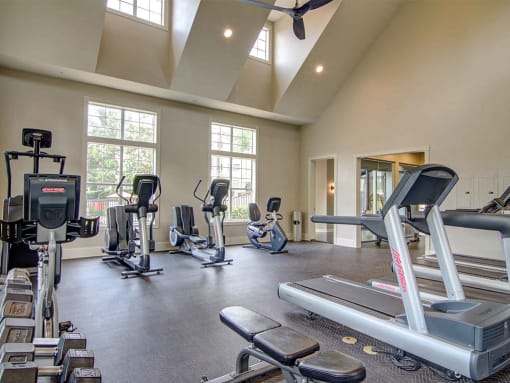 The Ascent at Windward apartments in Alpharetta Georgia photo of fitness center- free weights, cardio machines