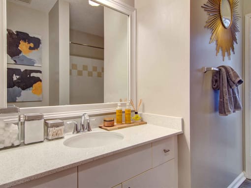 Alpharetta Apartments – The Ascent at Windward – luxury bathroom with long vanity and granite countertops