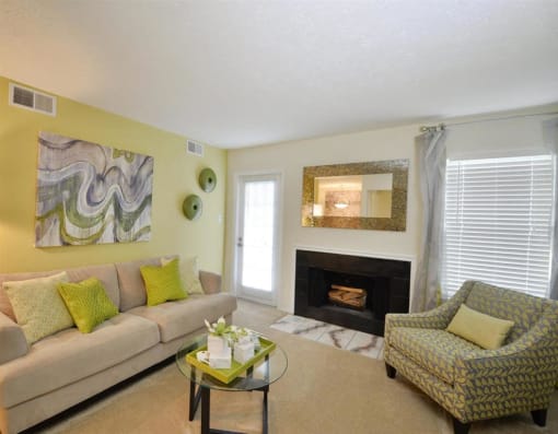 Apartments for Rent in Germantown -Cherry Knoll Apartments Living Room With Modern Furnishings And Fireplace