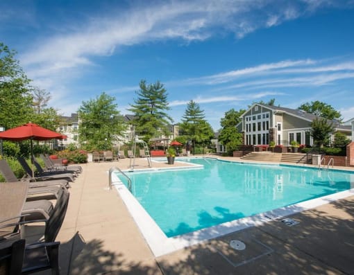 Germantown Apartments for Rent -Cherry Knoll Apartments Large Pool Lined With Lounge Chairs And Umbrellas And Trees